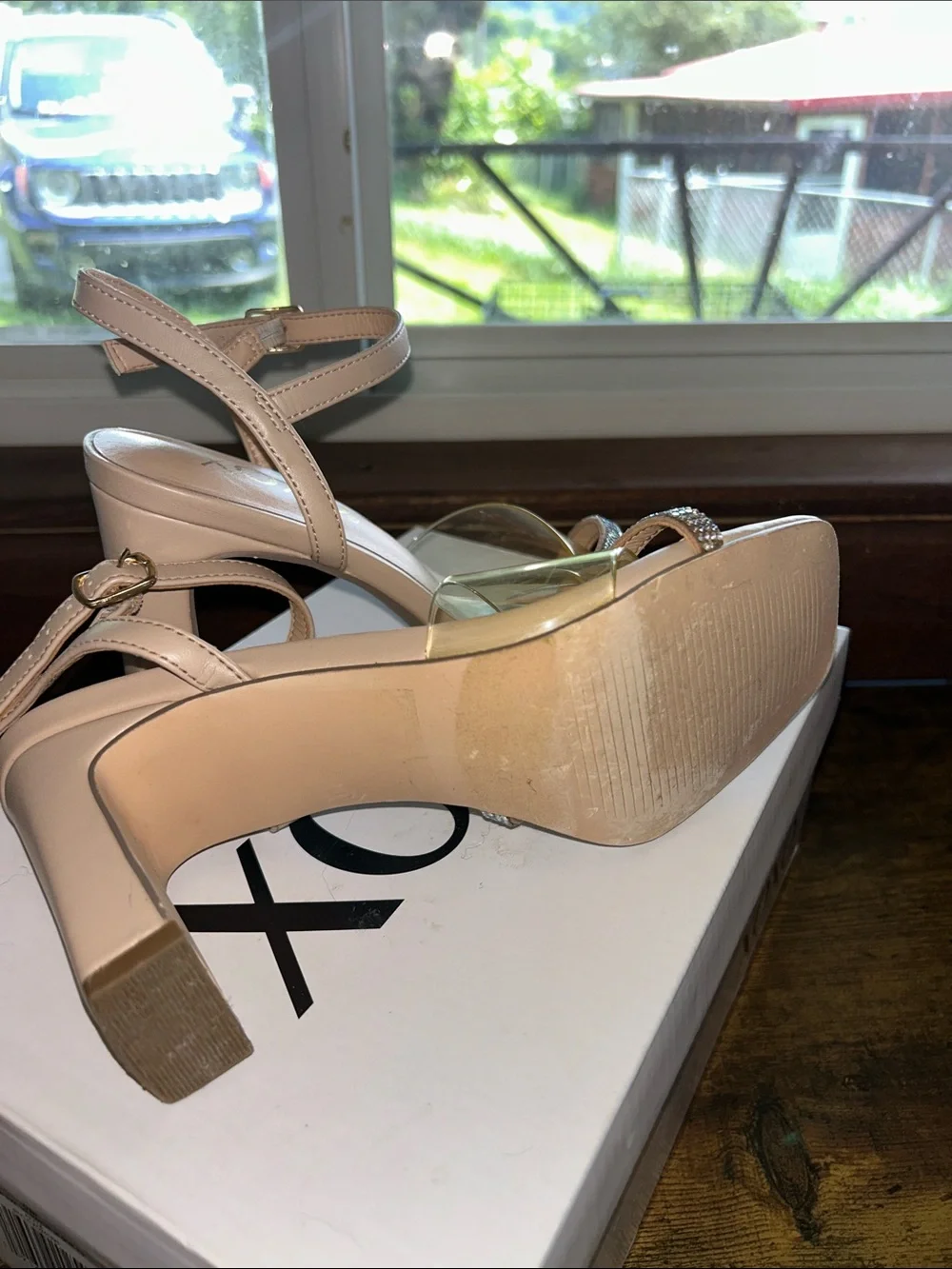 XOXO Nude Beige Heeled Sandals with Rhinestone Strap